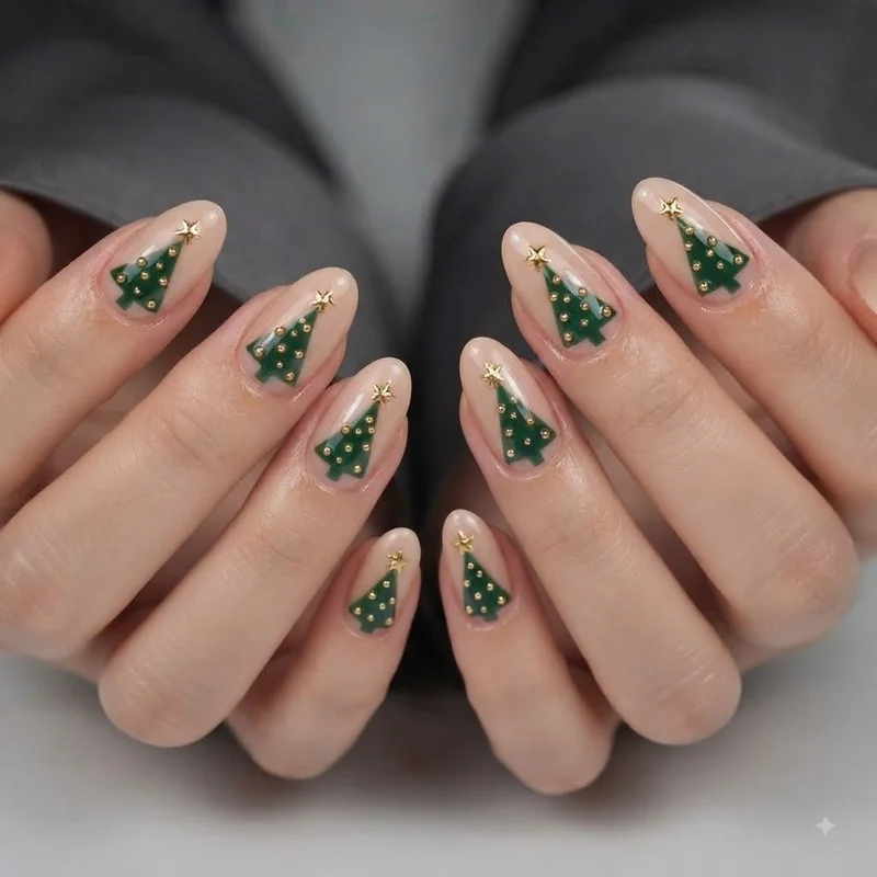Finished Christmas tree accent nail with gold ornament dots and star under glossy top coat