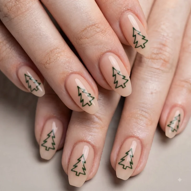 Close-up of green triangle Christmas tree outline on nude base nail showing tapered shape