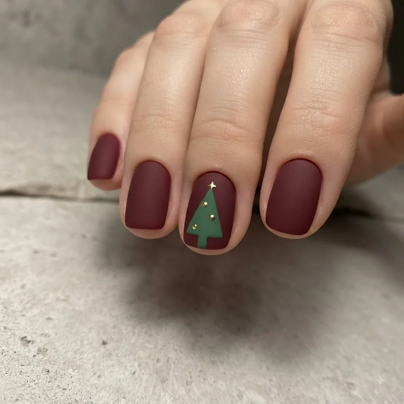 Christmas tree nail design scaled down and shown on short rounded nail length for beginners