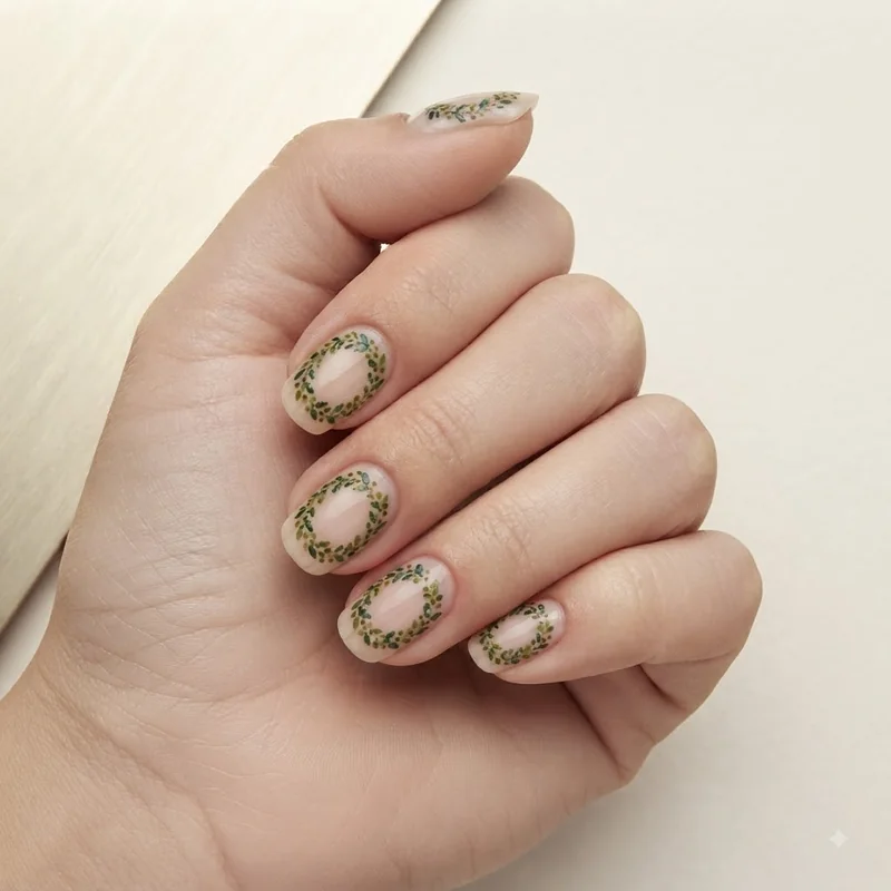 Classic green Christmas wreath nail design full set with forest and olive green dotted detailing