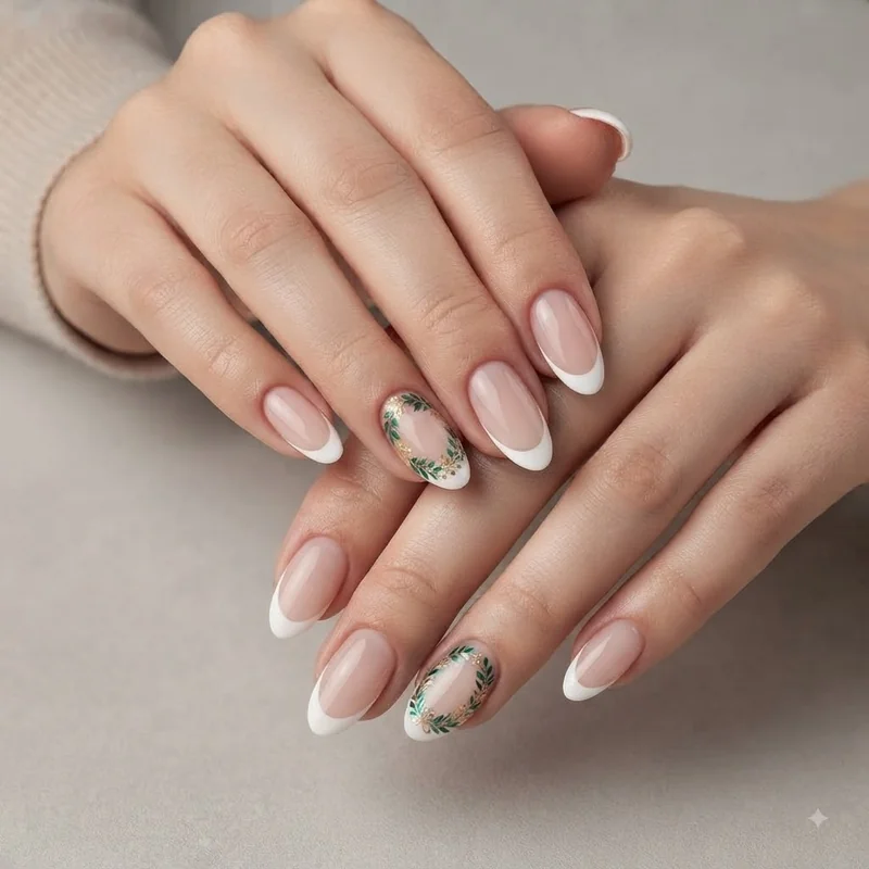 French manicure with wreath accent nail replacing the standard white tip on one nail