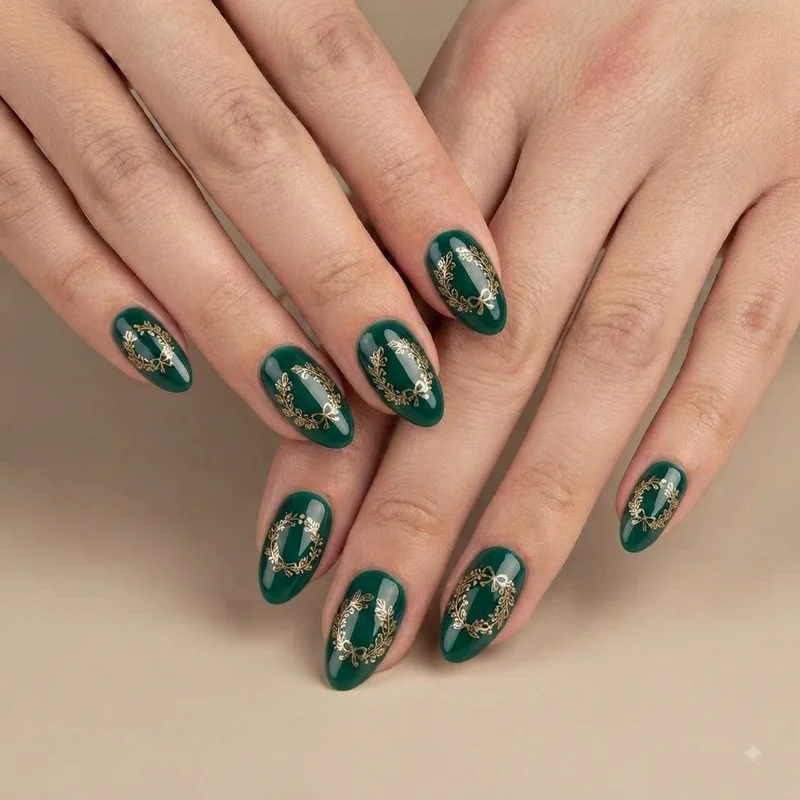 Gold metallic wreath nail art design against a deep emerald base with glam finish detailing