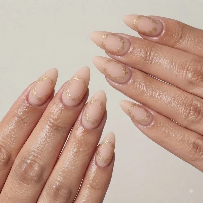 Minimalist negative space wreath nail design with thin gold outline and matte finish
