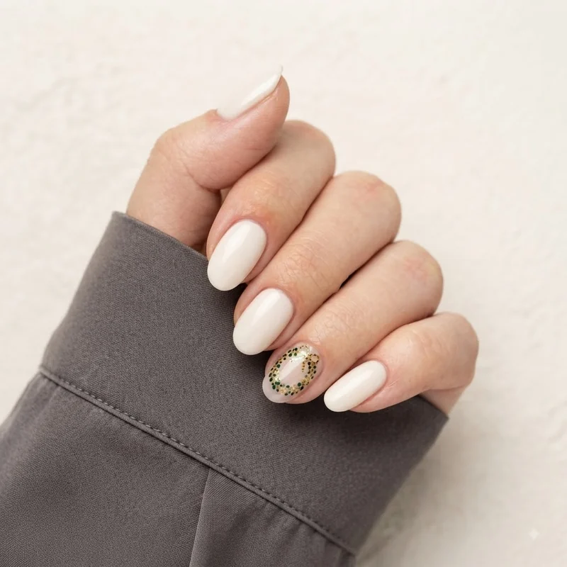 Hand showing a single Christmas wreath accent nail among plain complementary nail polish shades