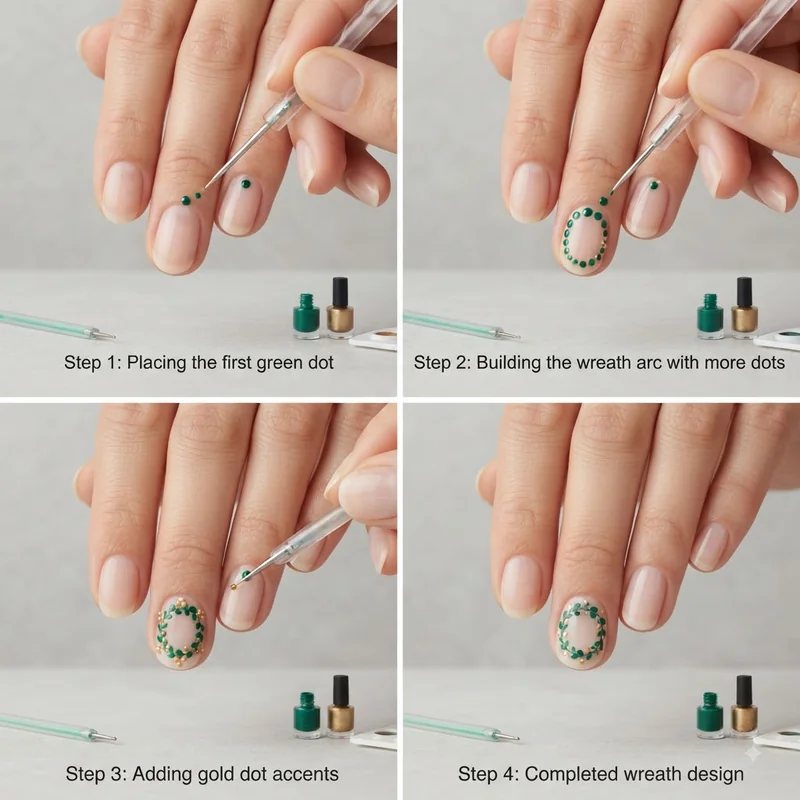 Infographic showing four steps to paint a Christmas wreath nail using a dotting tool technique