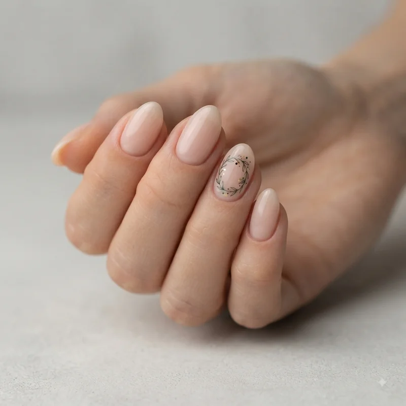 Wreath nail art scaled down and simplified for short rounded nails with fewer dotted accents