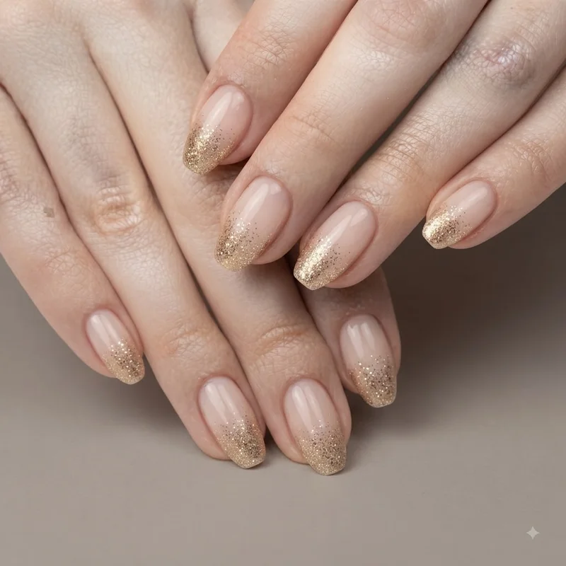 Nude coffin christmas nails with a gold glitter fade in a quiet luxury holiday finish and understated festive party look