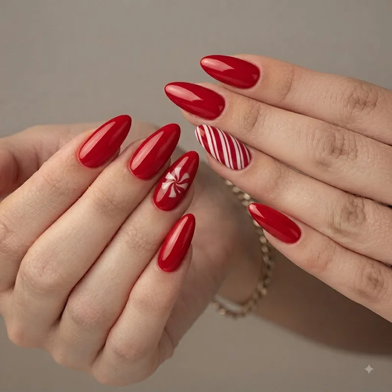 Red and white candy cane stripe coffin christmas nails on an accent finger for a festive peppermint holiday manicure look