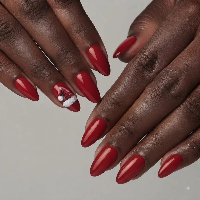 Coffin christmas nails with a hand painted Santa hat accent nail on a solid red base for a festive holiday manicure look