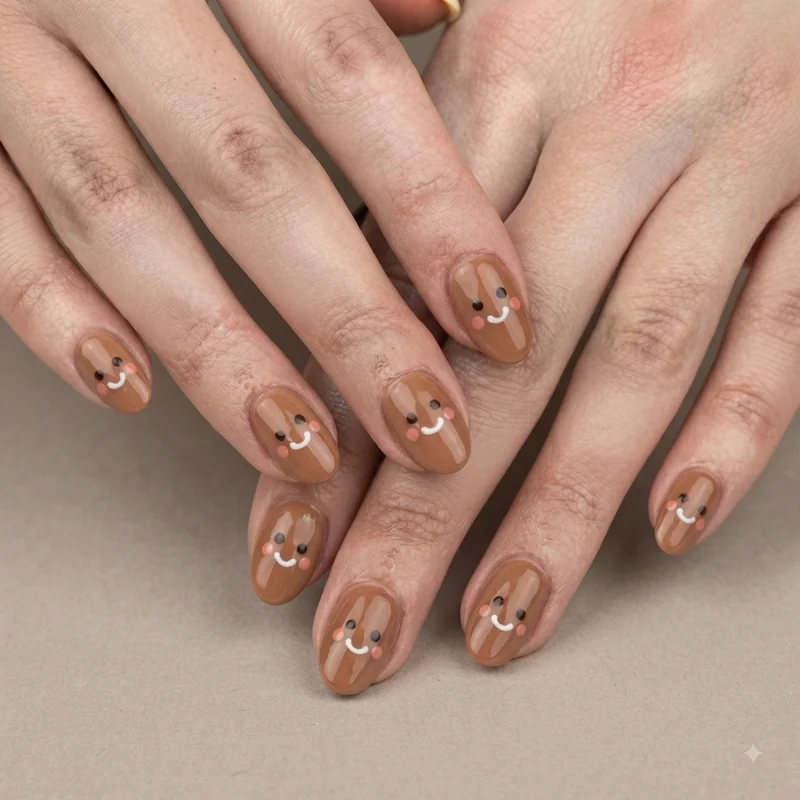 Brown gingerbread man body shape mid progress on a nail showing simple dot and line silhouette technique