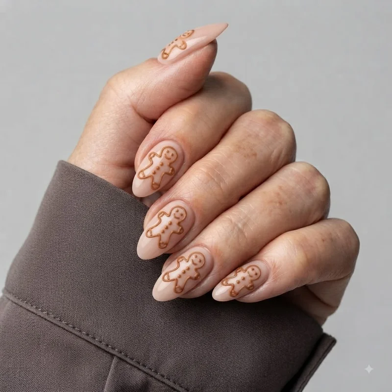 Full set of finished gingerbread man nail art on a hand styled festively showing the complete holiday look