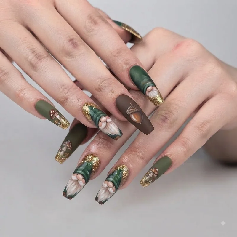 Gnome nail art with gold glitter hat tip and acorn accent nail finishing touch woodland theme