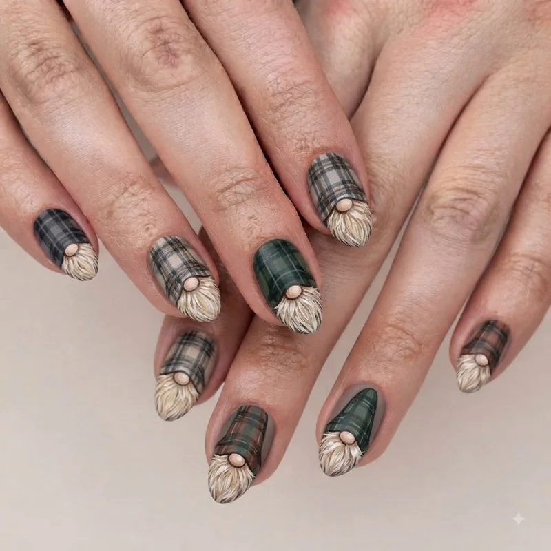 Full gnome nail art manicure in a neutral plaid palette showing consistent proportions across all ten nails