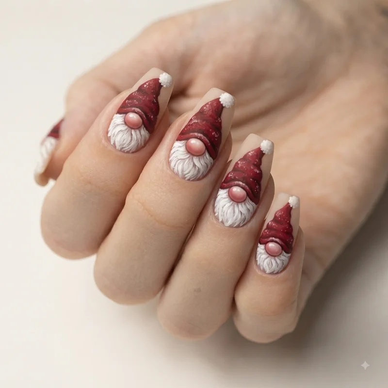 Gonk nail art design with tartan patterned hat in the Scandinavian style variation of gnome nail art