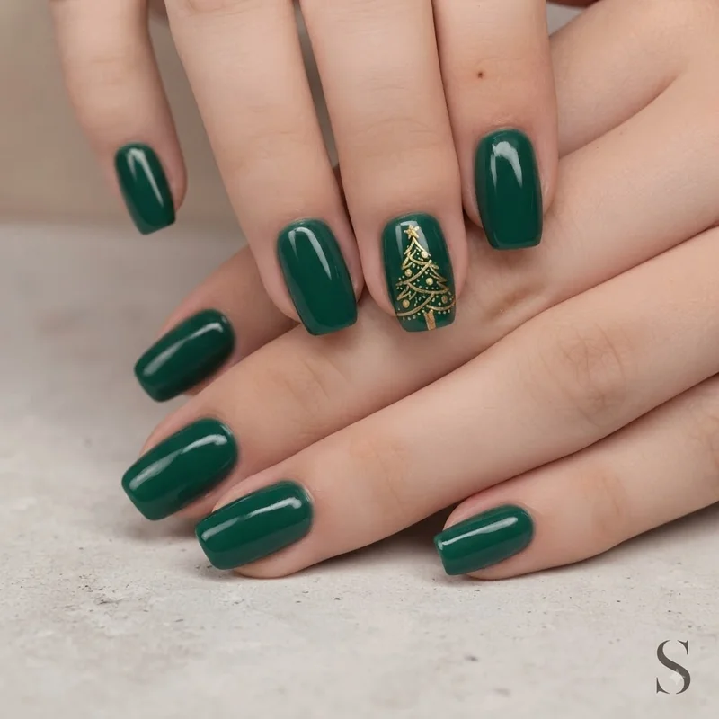 Green and gold christmas nails with a gold tree accent on emerald base for holiday manicure