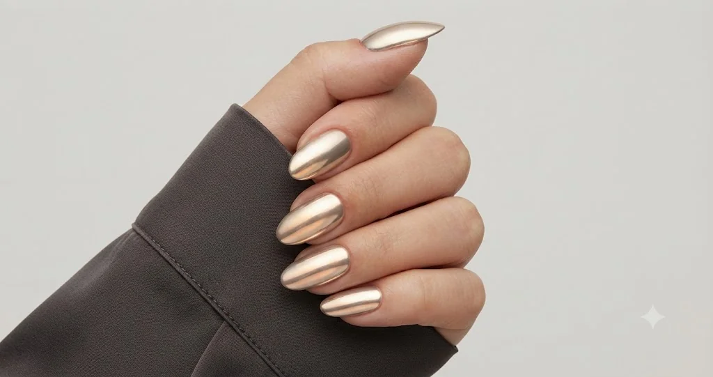 Gold christmas nails in a chrome finish styled as an elegant holiday manicure on almond shape