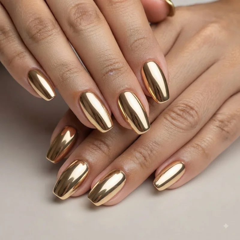 Close-up of gold christmas nails in chrome finish showing mirror texture on coffin shape