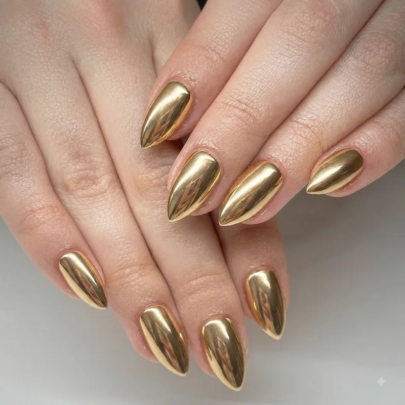 Gold christmas nails styled as a full chrome manicure on almond-shaped nails for holiday
