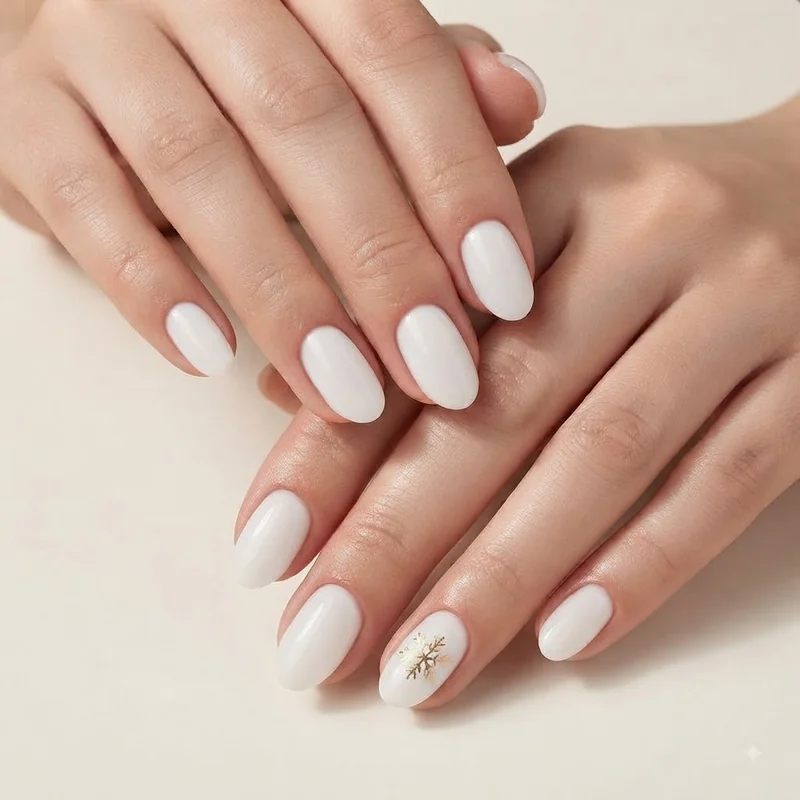 White and gold christmas nails with gold foil snowflake accent on milky base manicure