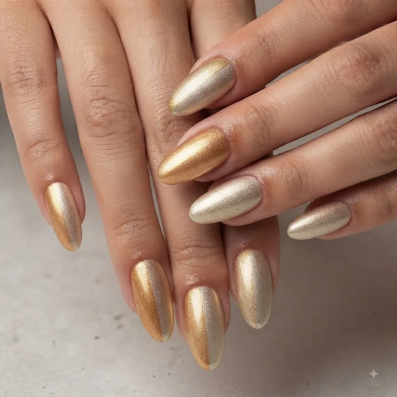 Gold christmas nails comparing warm gold and cool champagne undertone shades side by side
