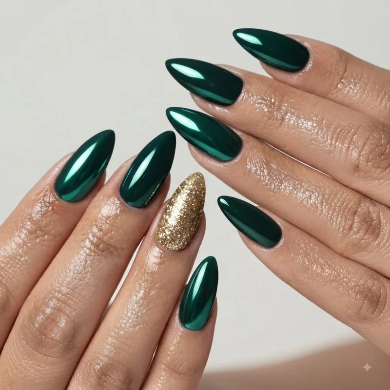 Chrome emerald green christmas nails with gold glitter accent nail for holiday party