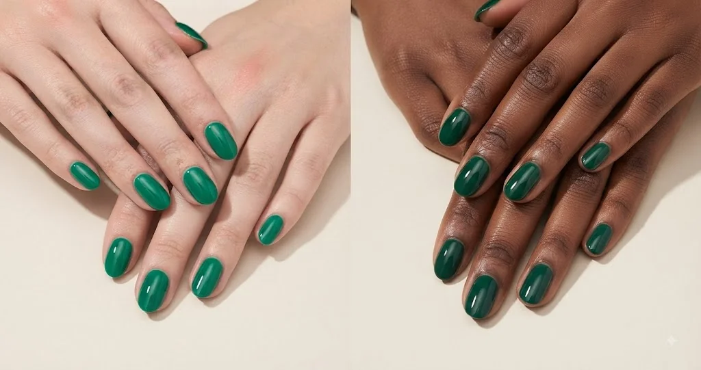 Green christmas nails in emerald and forest shades shown on two different skin tones side by side
