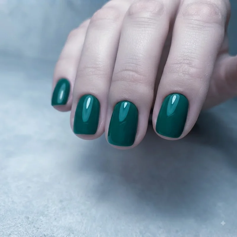 Emerald green christmas nails close up showing jewel tone finish on cool undertone skin
