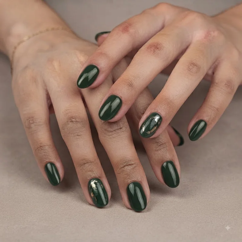 Forest green christmas nails with gold foil accent detailing for festive holiday manicure