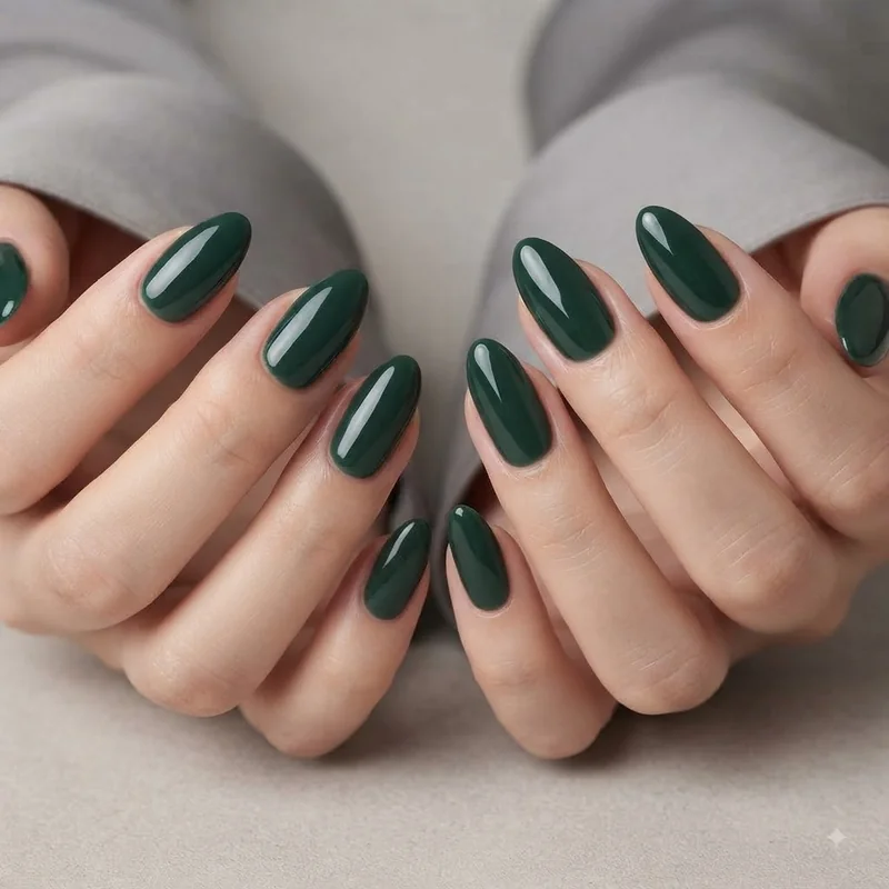 Hunter green christmas nails with glossy top coat showing fresh long lasting manicure finish