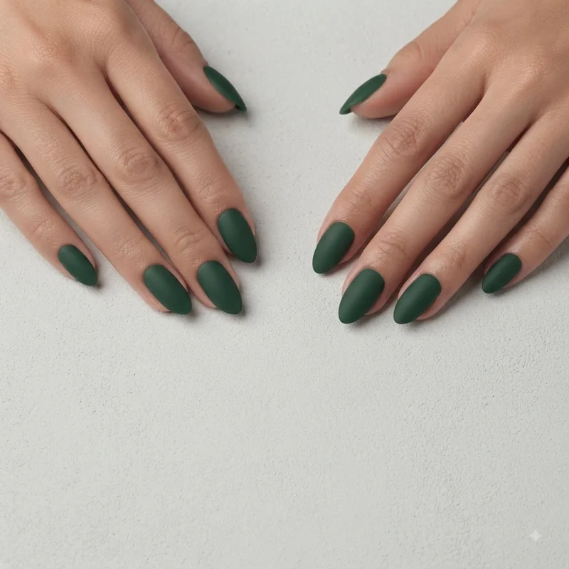 Matte forest green christmas manicure with clean elegant finish on almond nails