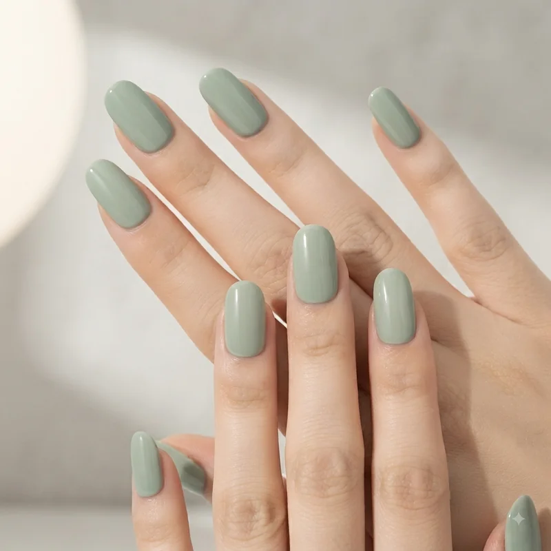 Short sage green christmas nails in round shape with clean simple manicure design