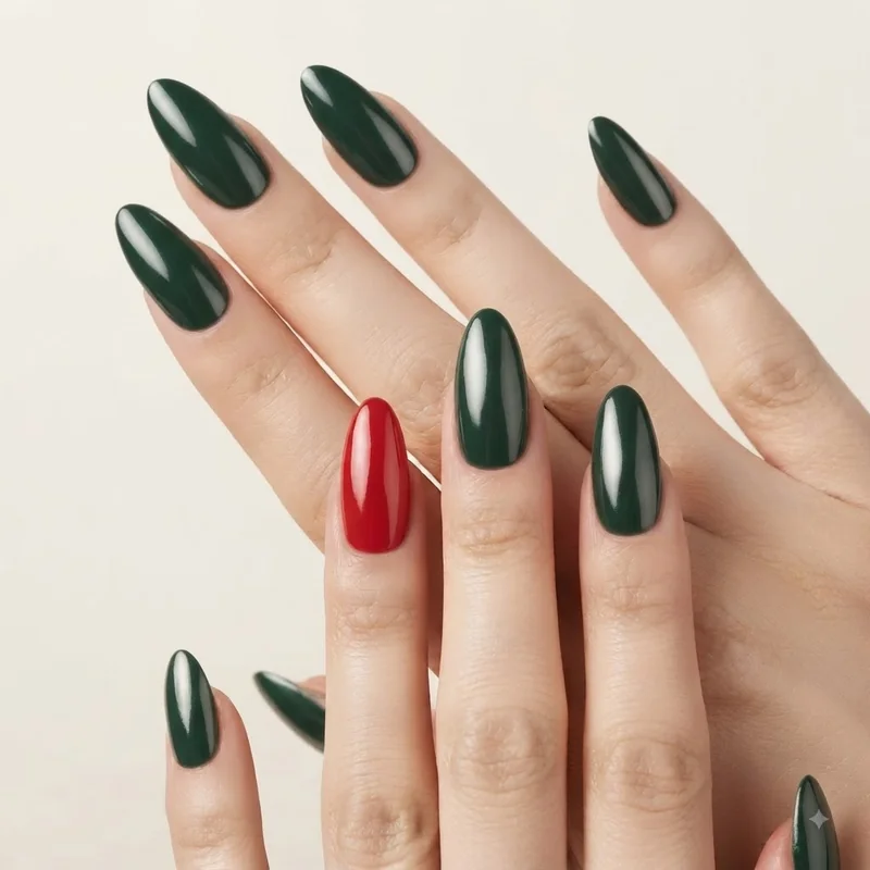 Green christmas nails with single red accent nail showing balanced holiday color pairing