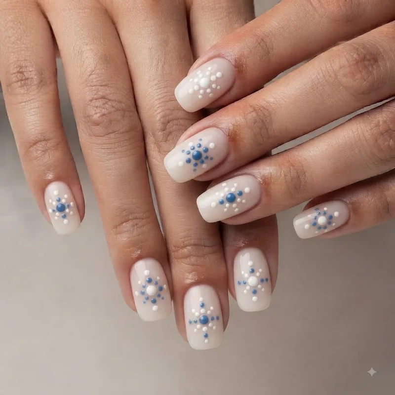 Finished snowflake dot christmas nail art at home on short to medium natural nails in white and blue