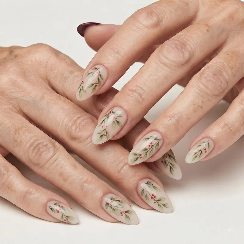 Finished mistletoe nail art tutorial design with green leaves and red berry dots
