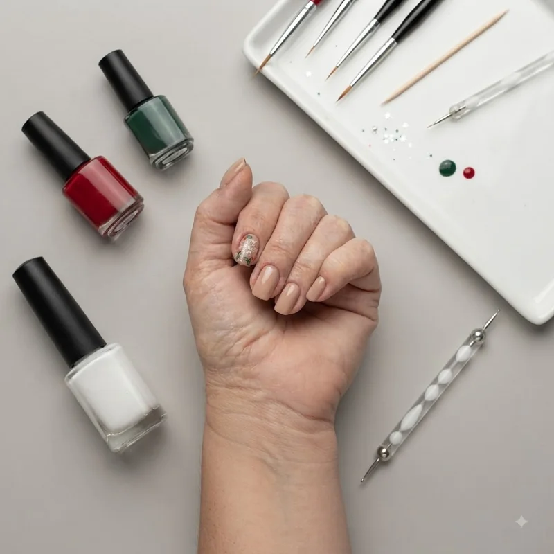 Mistletoe nail art tutorial supplies: green red white polish, detail brush, toothpick, dotting tool