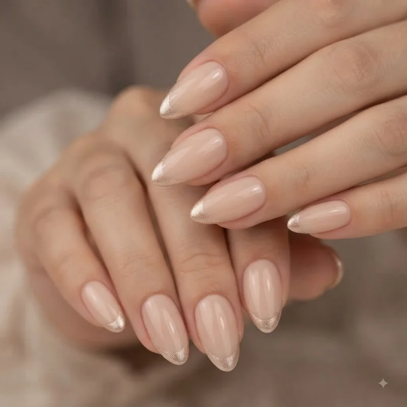 Champagne gold micro french tip old money christmas nails on a nude manicure base