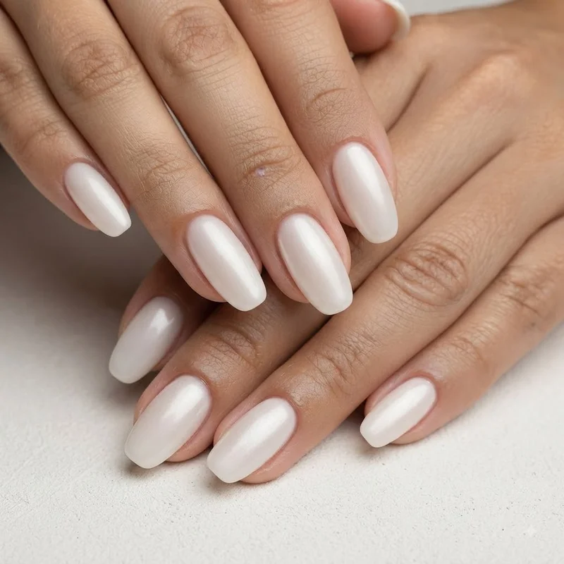 Milky white pearl sheen old money christmas nails in a soft squoval almond shape