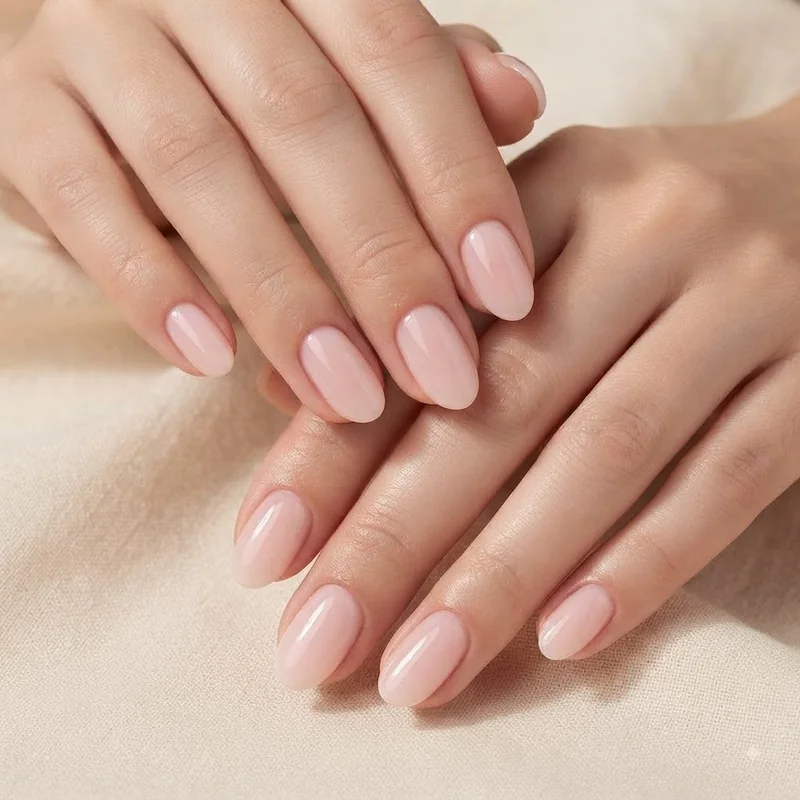 Sheer pink milky base old money christmas nails finished at home with glossy topcoat