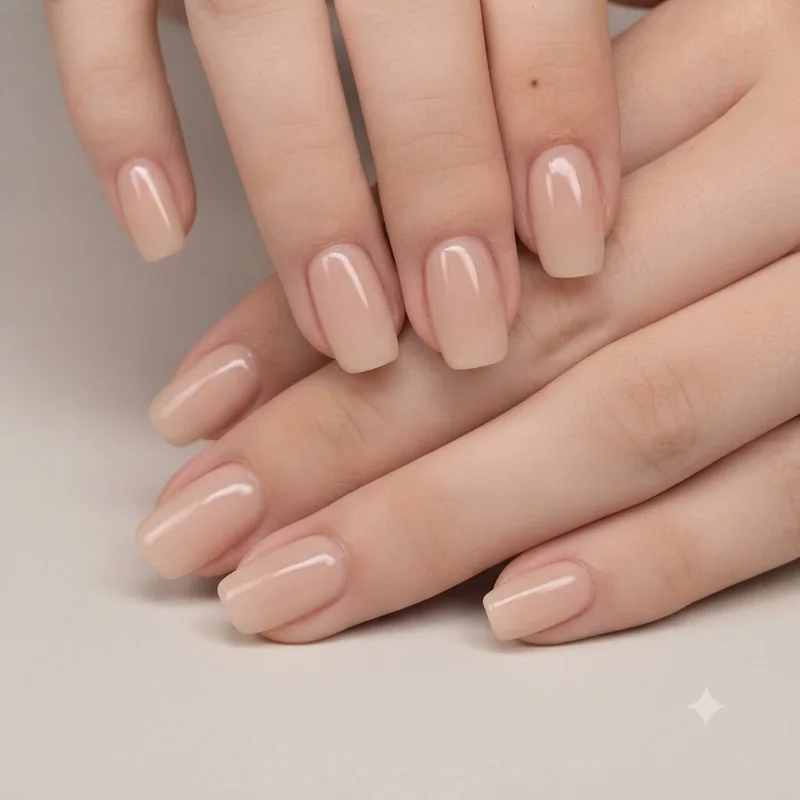 Close up of short to medium almond and squoval old money christmas nails shape in neutral polish