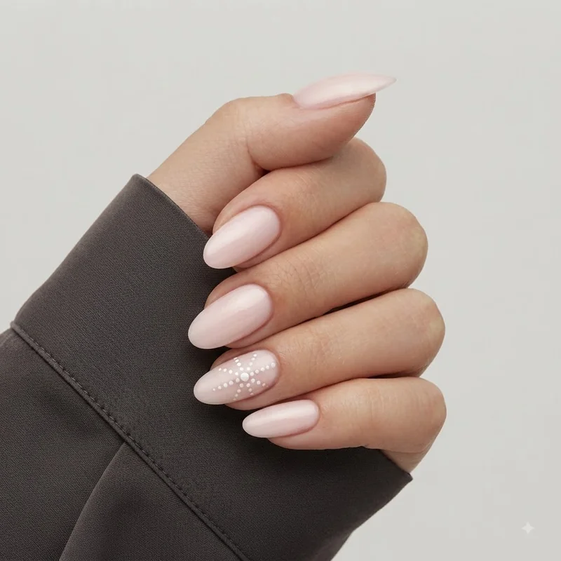 Easy DIY pink christmas nail art with dotted snowflake design, a beginner-friendly holiday manicure