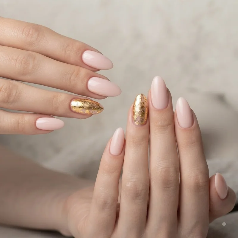 Pink and gold christmas nails with foil accent nail, a luxe holiday manicure design idea
