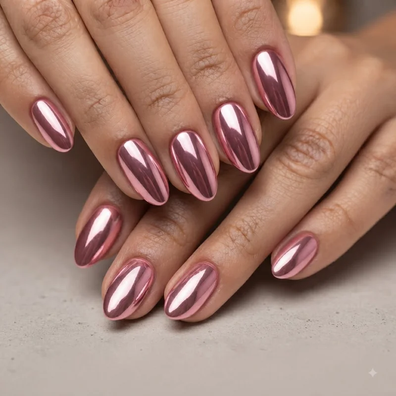 Pink chrome christmas nails with mirror metallic finish, a maximalist holiday manicure idea