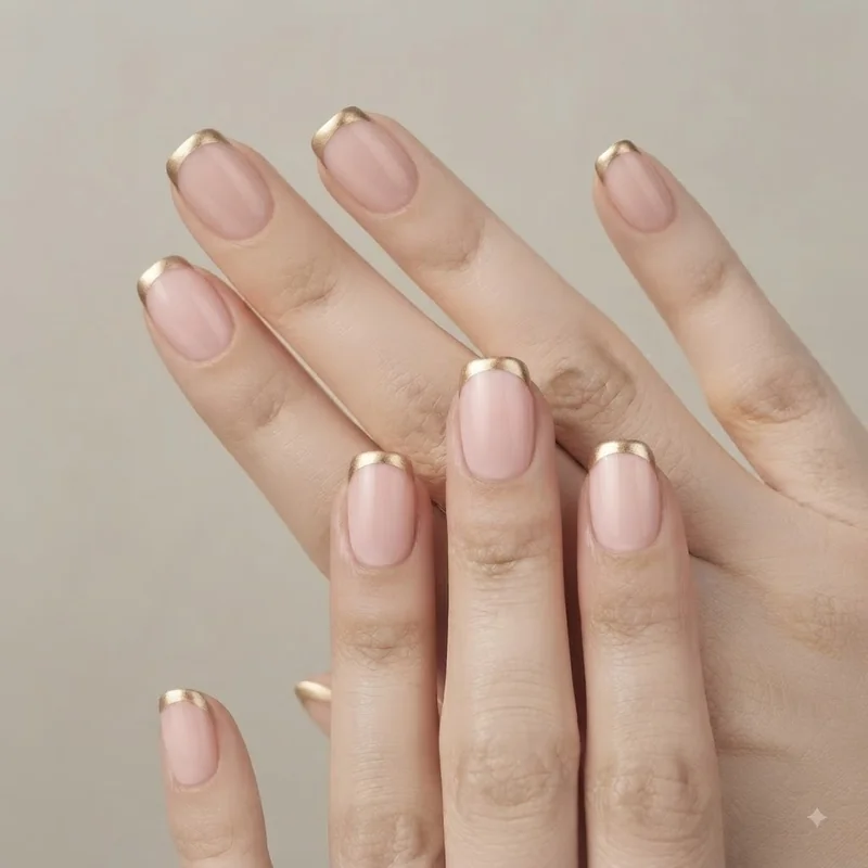 Pink french tip christmas nails with gold metallic tip, a festive twist on a classic manicure shape