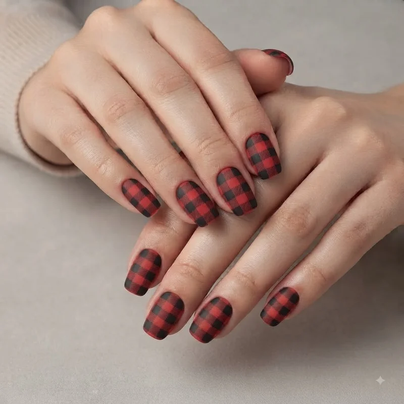 Buffalo plaid christmas nails in red and black check pattern on square shape