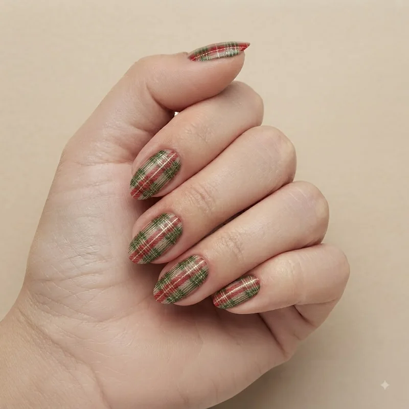Christmas plaid nails in red green and gold tartan pattern on almond shape