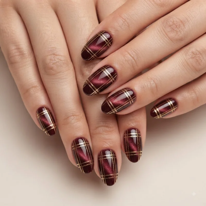 Gold metallic plaid christmas nails on burgundy cat eye finish base coat