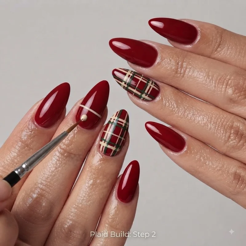Step by step infographic showing how to do plaid nails with striping brush
