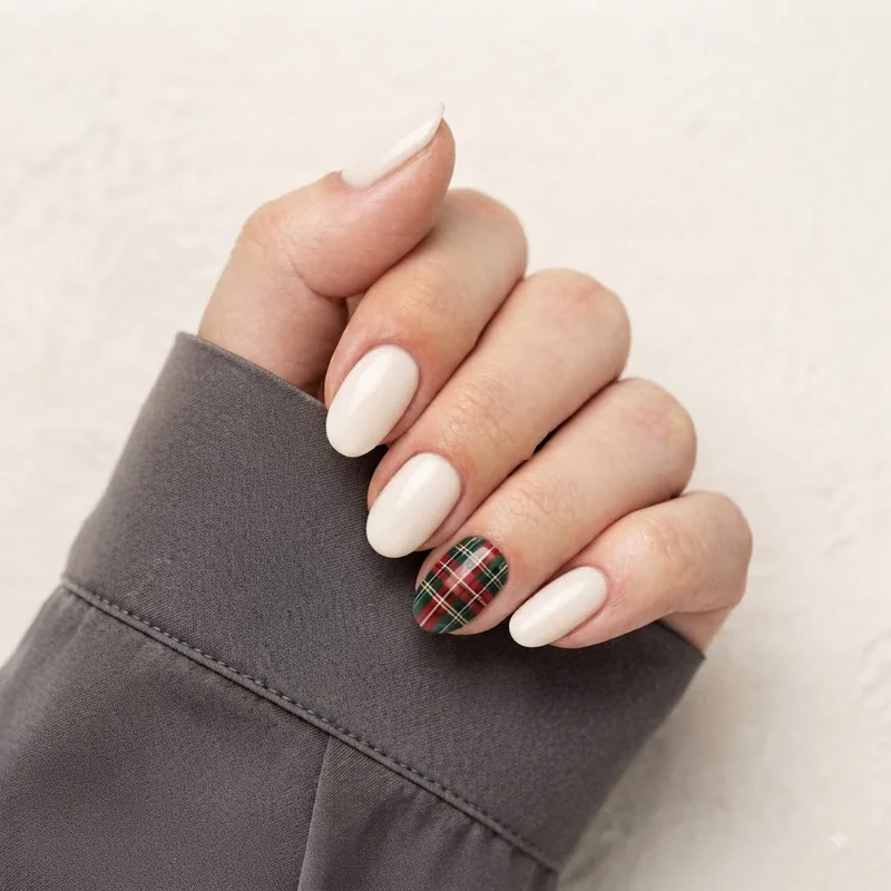 Beginner friendly plaid christmas nails on a single red and green accent nail