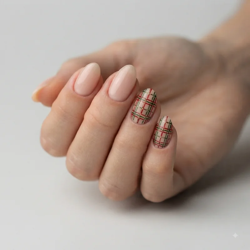 Plaid french tip christmas nails with nude base and red green tip pattern
