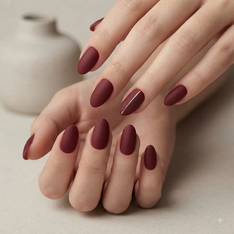 Matte burgundy red christmas nails with a fine gold accent line, refined holiday manicure styling
